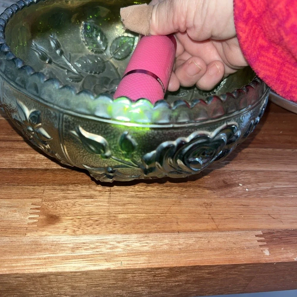 Antique Green Depression Glass Bowl Flowers Iridescent Green Glass Bowl